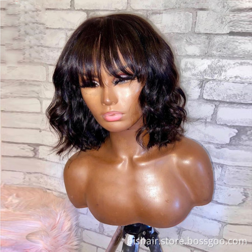 Wholesale Scalp Top Full Machine Made Wig With Bangs Brazilian Remy Short Bob Wave Human Hair Wigs With 8-16 inch 150% Density